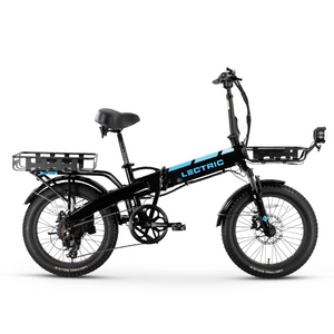 Lectric XP 3.0 long-range 500W fat tire folding eBike, black, displayed in-store with thick tires and compact frame