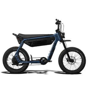 Super73 B1G eMOTO eBike in black, side view, displayed in a showroom setting