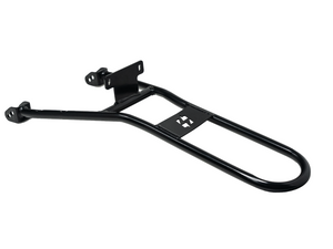 Chrome Stomp Ebox Dragster sissy bar and luggage rack mounted on motorcycle, side view, white background