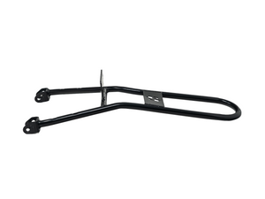 Chrome Stomp Ebox Dragster sissy bar and luggage rack mounted on a motorcycle, viewed from the rear angle.