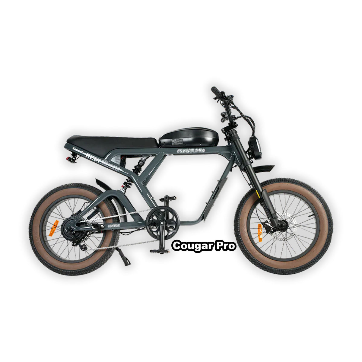 Revi CougarPro e-bike in anthracite color, displayed in its original packaging box