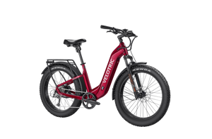 Velotric Nomad 2 electric bike in cranberry red, side view, against a white background