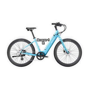 Velotric Breeze 1 eBike in Ocean Mist color, regular frame, shown in box with packaging, product image, barcode 850060178740