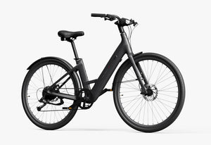 Matte black Urtopia Carbon 1 Step Thru eBike side view, showcasing lightweight carbon frame and step-through design