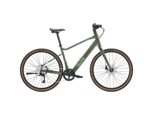 Velotric Tempo High Step eBike in Forest Evergreen color, side view, displayed outdoors