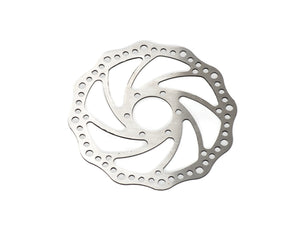 Close-up view of the Stomp Ebox Dragster brake rotor, showing the circular metal disc with precision-drilled holes and a vented design for enhanced braking performance.