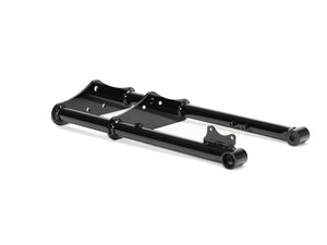 Close-up view of Stomp Ebox Dragster motorcycle forks, showing the suspension components and metallic finish.