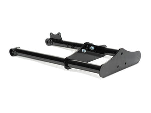 Close-up view of Stomp Ebox Dragster motorcycle forks, showing the suspension components and metallic finish.