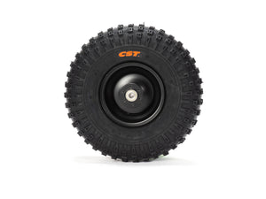 Front view of a Stomp Ebox Dragster front wheel with mounted tire, showing tread pattern and rim design.
