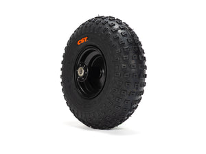 Front view of a Stomp Ebox Dragster front wheel with mounted tire, showing tread pattern and rim design against a plain background.