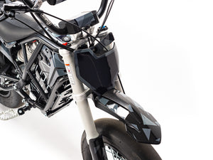 Stomp Ebox Megalith Graphics Kit displayed on a white background, showing detailed black and white graphic decals designed for motocross bikes, including number plates, shrouds, and fenders.