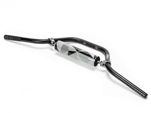 Stomp Ebox Megalith Pitspeed 7075 handlebar, close-up view showing black anodized finish and ergonomic design