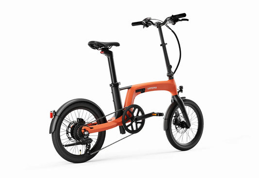 Orange Urtopia Carbon Fold 2 eBike, side view, folded, against a white background