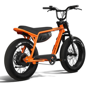 Side view of the eMOTO eBike Super73 Z Miami SE in a showroom, showcasing its sleek frame, wide tires, and minimalist design.