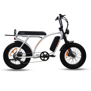 White Kasen Kabbit Classic eBike side view, showcasing step-through frame, black seat, and front basket against a plain background.