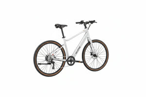 Side view of the Velotric Tempo eBike in a studio setting, showcasing its step-through frame, integrated battery, and upright handlebars.