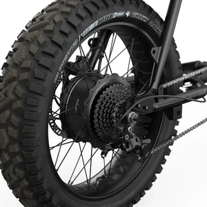 Side view of the Super73 Z Adventure Series SE eMOTO eBike in a showroom, highlighting its rugged frame, thick tires, and matte finish, available for in-store pickup only.