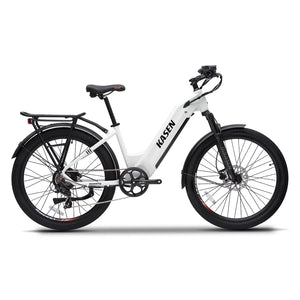 White KASEN City 2.0 750W Step-Thru Urban Electric Bike with 27.5x2.4 tires, side view