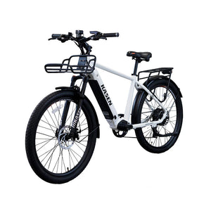 White KASEN Cross 500W Step Over Urban Electric Bike, 27.5x2.4 tires, front view