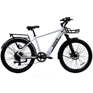 White KASEN Cross 500W Step Over Urban Electric Bike with 27.5x2.4 tires, parked on a city street.