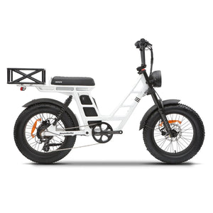 White KASEN Malibu 1000W Step-Thru eBike with 20x4 fat tires, electric cargo bicycle design.