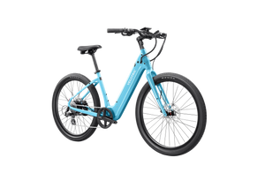 Side view of the Velotric Breeze 1 eBike in a studio setting, showcasing its step-through frame, rear cargo rack, and front suspension fork.