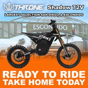 A black eMOTO Strike Shadow SV2 72V electric motorcycle, side view, on a plain background.