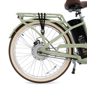 Side view of the Murf Gigi 2.0 eBike in a matte black finish, showcasing its step-through frame, wide tires, and rear cargo rack against a plain white background.