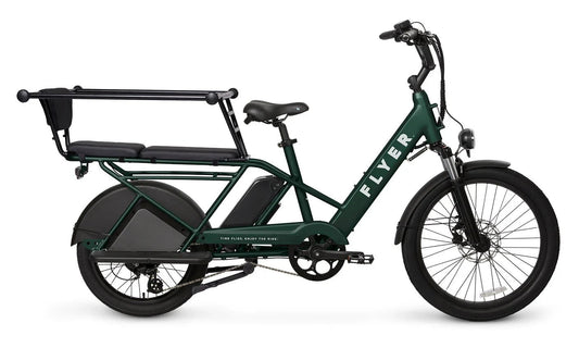 RADIO FLYER Via Pro 750w Step Thru electric cargo eBike, 24x2.4 street tires, shown in a forest setting