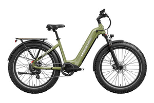Olive green Mokwheel Basalt 2.0 Step Thru eBike, side view, against a plain background