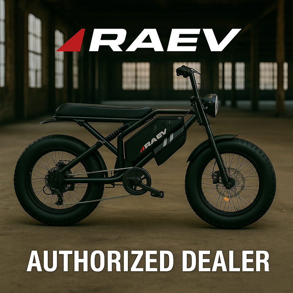 A row of Raev eBikes displayed in a store, ready for customers to test ride.