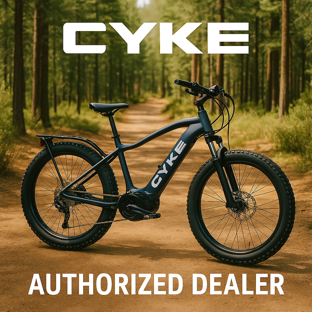 A row of Cyke eBikes displayed in-store, fully assembled and ready for immediate purchase and riding.