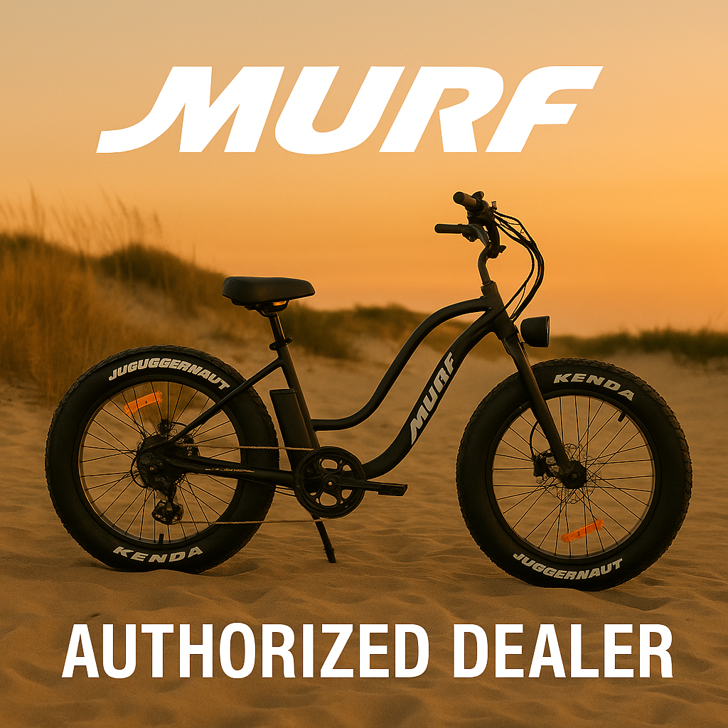 A row of Murf eBikes displayed in-store, fully assembled and ready for test rides.