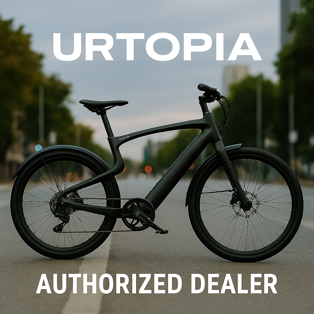A row of Urtopia eBikes displayed in-store, fully assembled and ready for test rides.