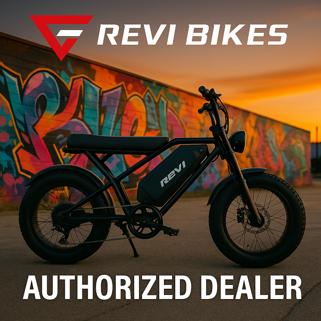A row of Revi eBikes displayed in a store in Escondido, ready for customers to test ride.