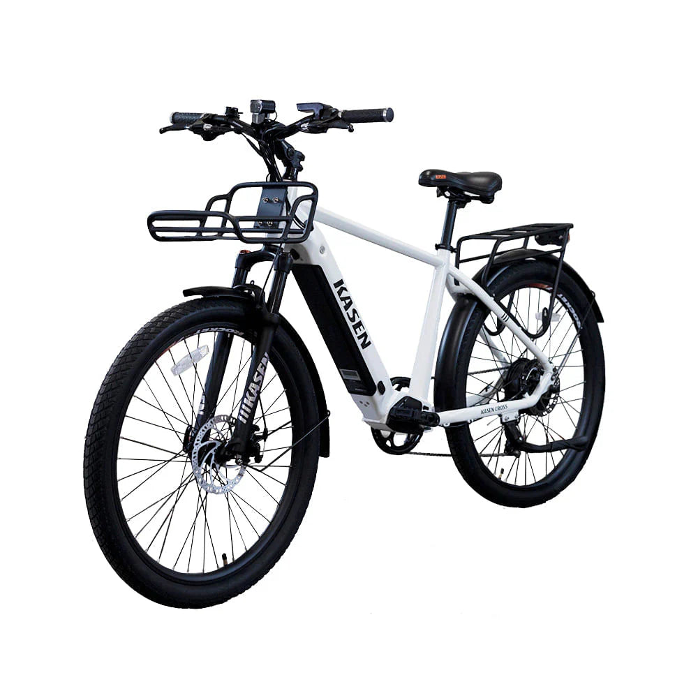 White Kasen Cross eBike packaged inside a cardboard shipping box, product image showing the bike in its box.