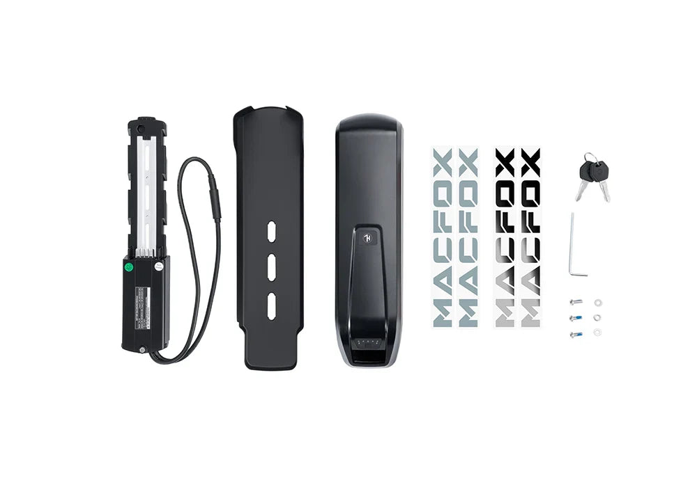 Product image showing the Macfox X7/X7L eBike Dual Battery Upgrade Kit, featuring two batteries and connection components arranged for display.