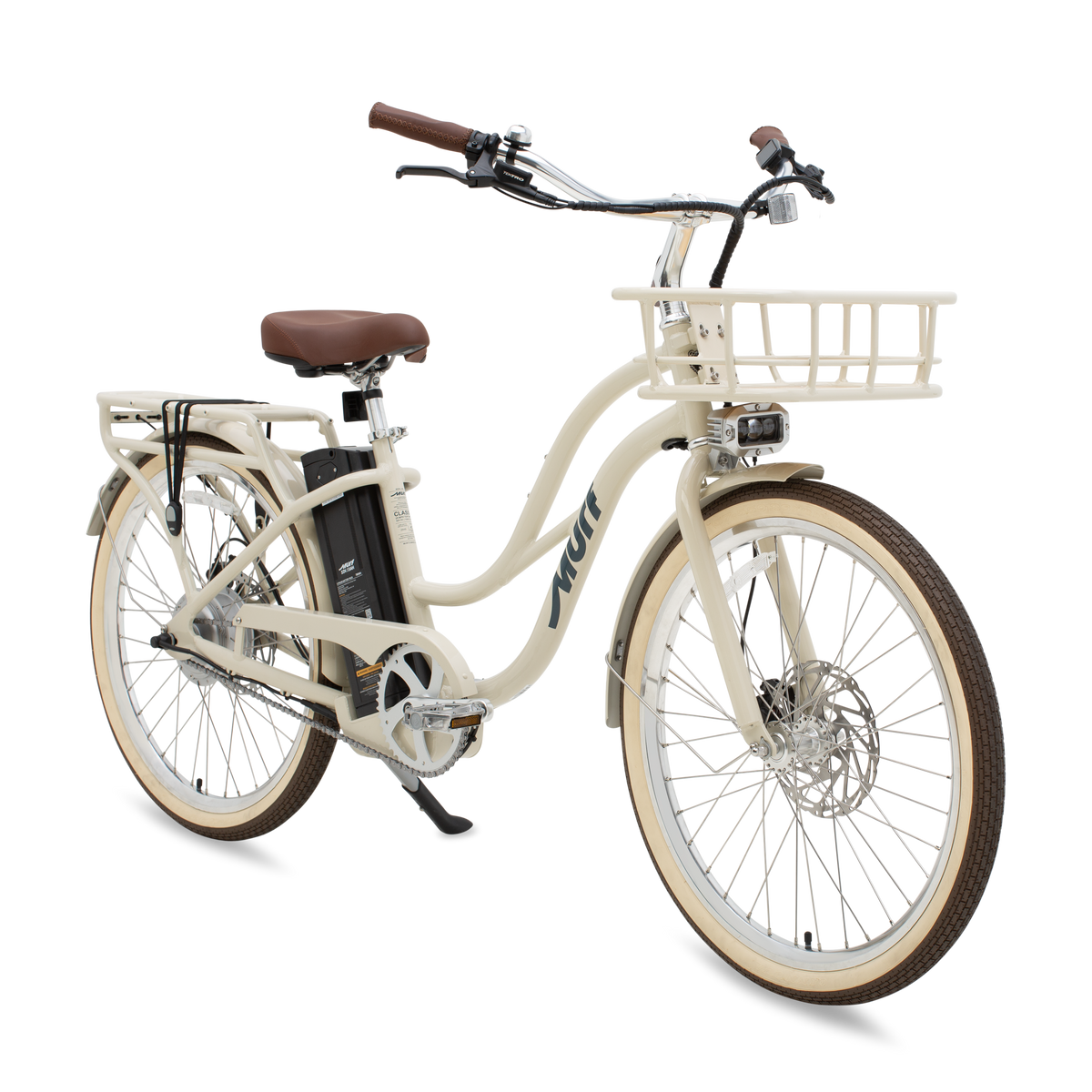 Side view of a Murf Gigi eBike in bone color, showing its step-through frame, wide tires, and comfortable saddle against a plain background.