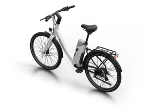 White Himiway A3 Step Thru electric bike shown from a side angle, highlighting its step-through frame, battery placement, and black tires against a plain background.