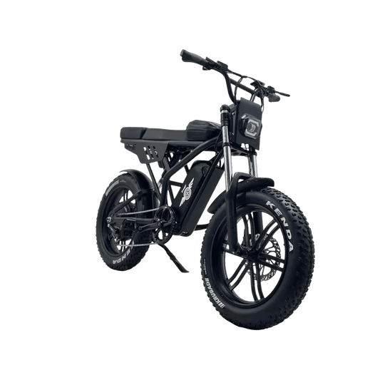 eMOTO Freego Shotgun F2 Pro Max Prime Fat Tire electric bike, side view, black frame, thick tires, displayed outdoors on pavement