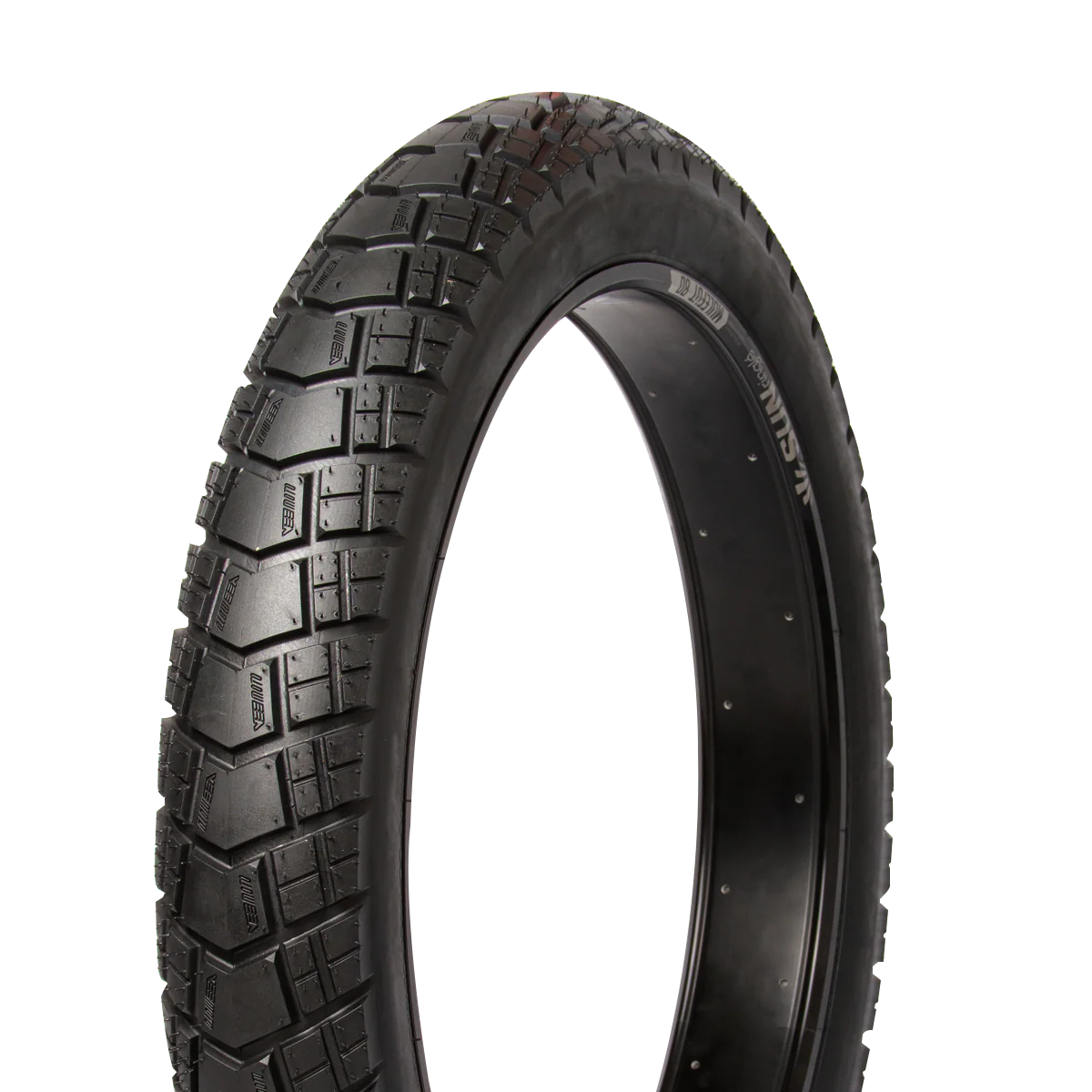 Close-up view of a 20x4 inch Huntsman eBike tire showing tread pattern and sidewall details.