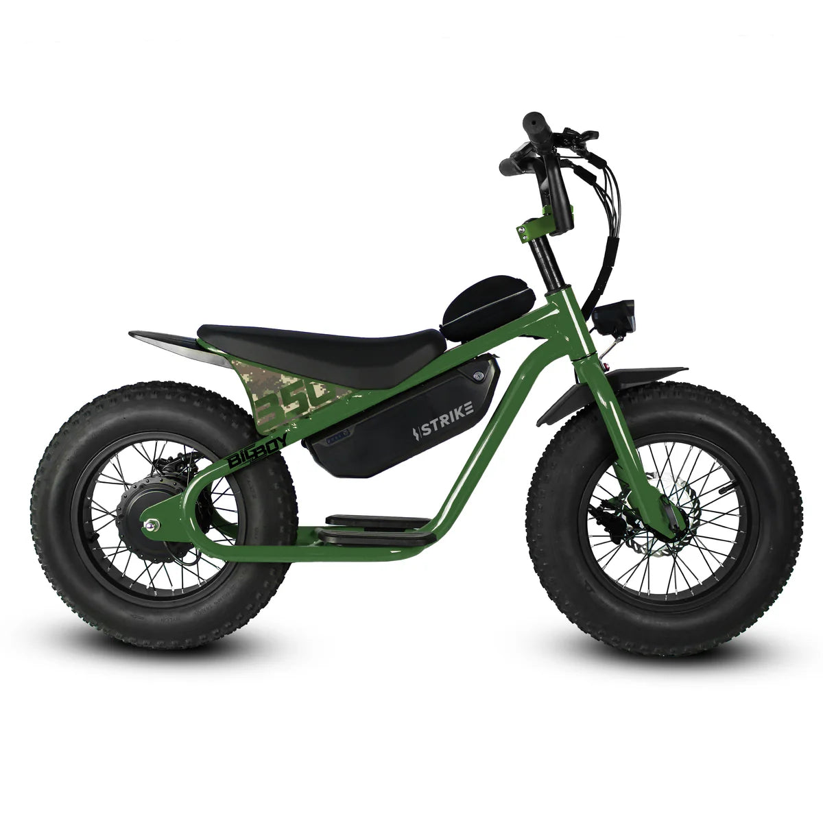 Army green eBike Strike Big Boy electric bicycle, side view, on a white background