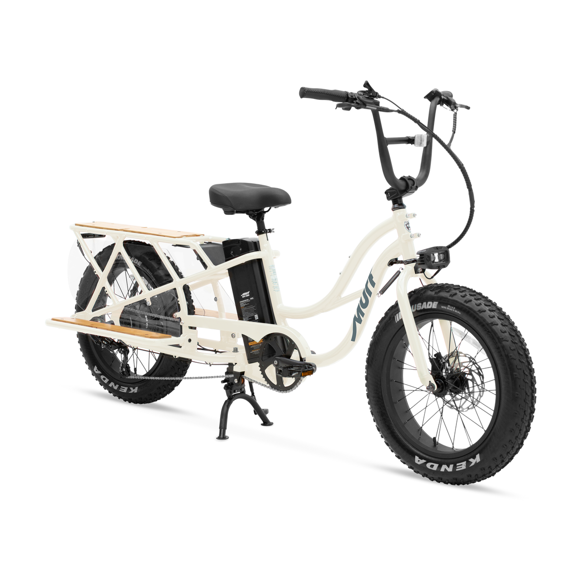 Side view of the Murf Higgs Cargo eBike in Bone color, showcasing its sturdy frame, large cargo rack, and wide tires.