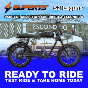 Side view of a black Super73 S2 Laguna eMOTO eBike, fully assembled and ready to ride, against a plain background.