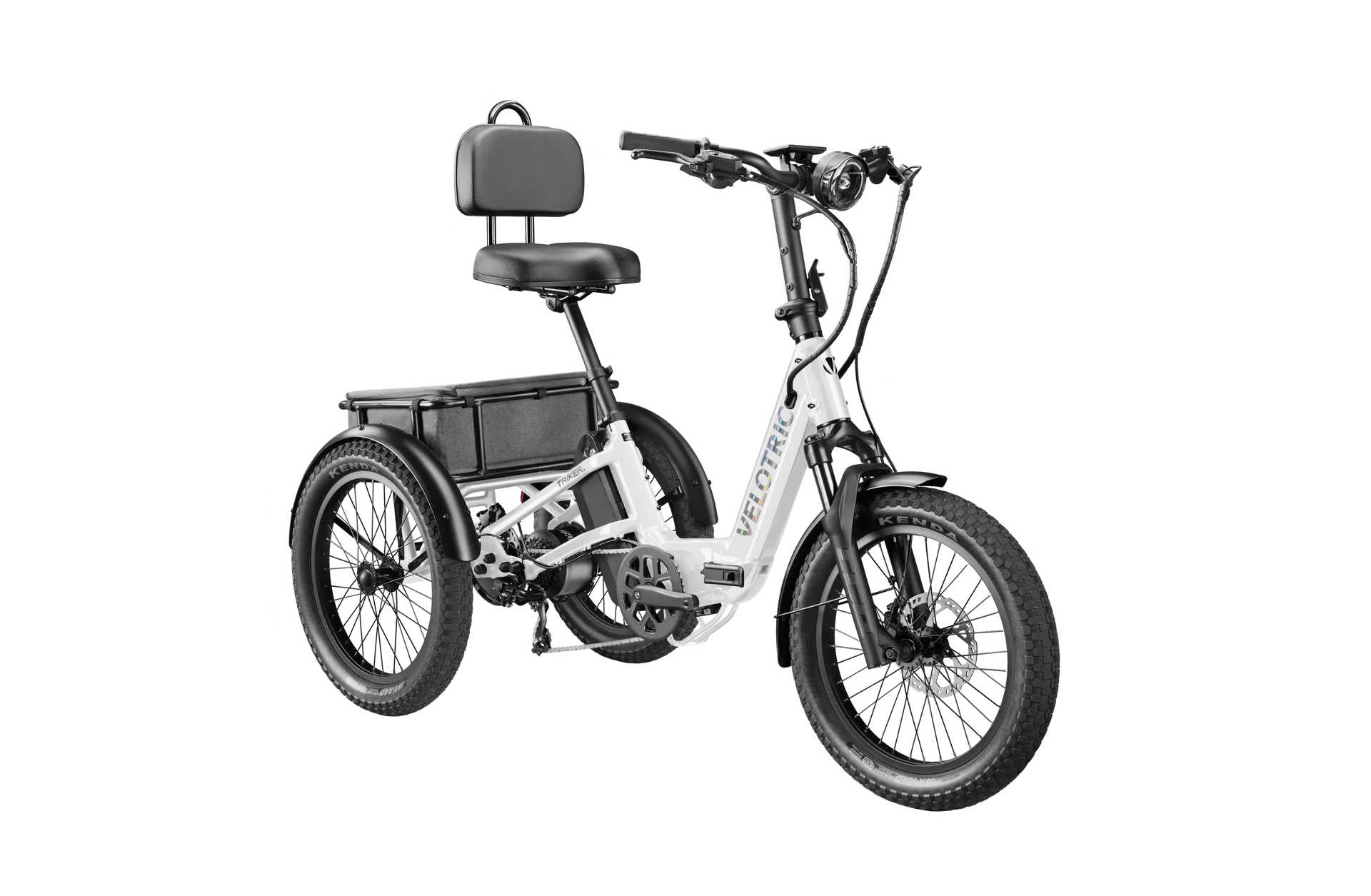 Side view of a Velotric Triker electric trike in matte gray, showing three wheels, a step-through frame, rear cargo basket, and ergonomic handlebars.