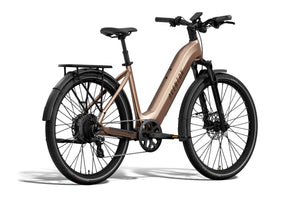 Aventon Level 4 REC Step-Thru electric bike in sandstone color, side view, displayed on a white background.