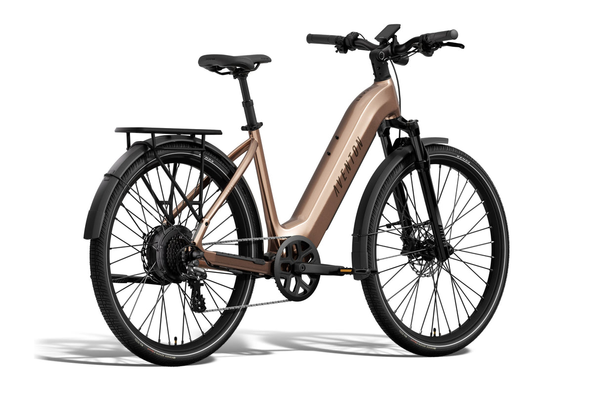 Aventon Level 4 REC Step-Thru electric bike in sandstone color, side view, displayed on a white background.