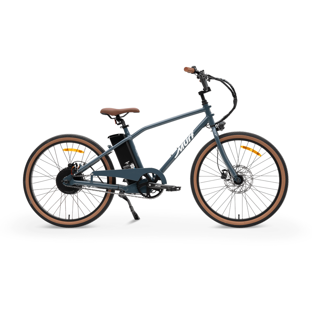 A black MURF Otis eBike with fat tires, a step-through frame, front and rear fenders, and a rear cargo rack, displayed on a white background.