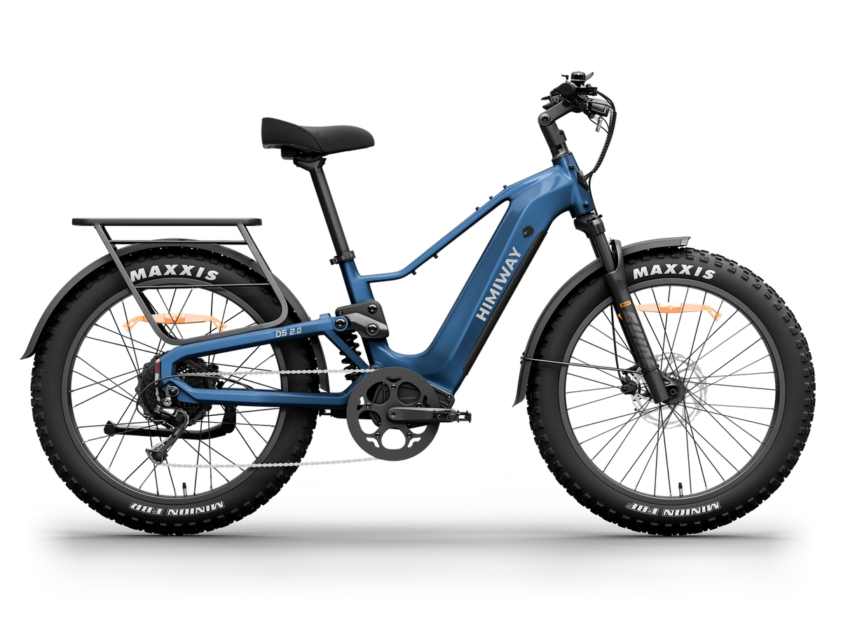 Midnight Blue Himiway D5 2.0 electric bike side view, showcasing its sturdy frame, fat tires, and integrated battery.