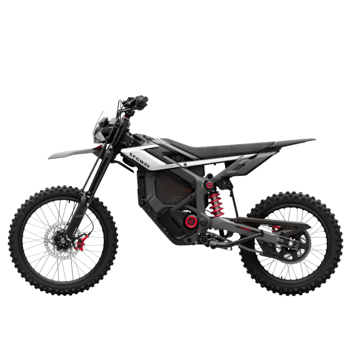 Black Segway Xaber 300 electric motorcycle, side view, displayed on a white background.